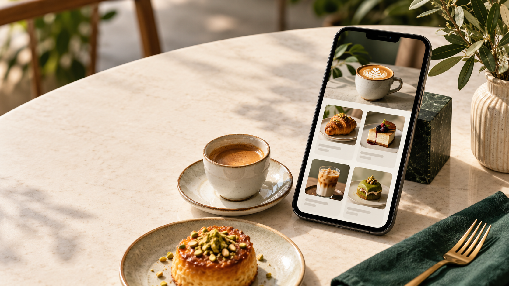 Kafe masasında fotoğraflı dijital menüyü temsil eden telefon